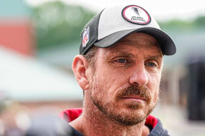 Jun 14, 2023; Flowery Branch, GA, USA; Atlanta Falcons defensive coordinator Ryan Nielsen answers questions for the media during minicamp at IBM Performance Field.